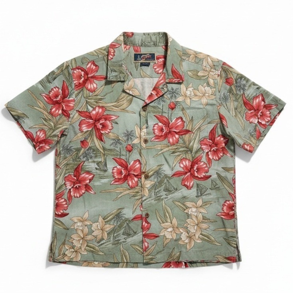 La Cabana Green Red‎ Orchid Floral Sailboat Hawaiian Shirt, Men's Large, Rayon
